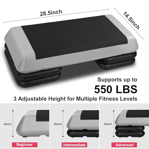 Gym Step Platform for Exercise at Home, Fitness Step for Home Workout, Adjustable Step Up Exercise Platform, Aerobic Stepper Step Platform with 4 Risers, Step Exercise Platform for Work Out - color: Black+Gery