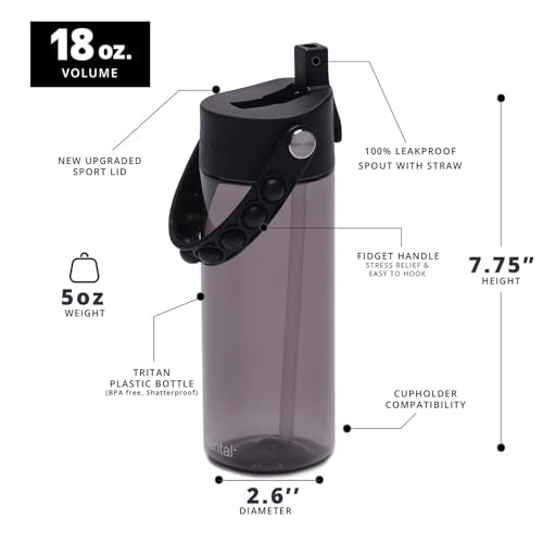 Elemental Leak Proof Water Bottles for Kids - Splash Kids Water Bottle for School with Pop-it Handle - Tritan Plastic Water Bottle with Straw - Shark & Black - 18oz (2 Pack) - color: Duo - Shark / Black