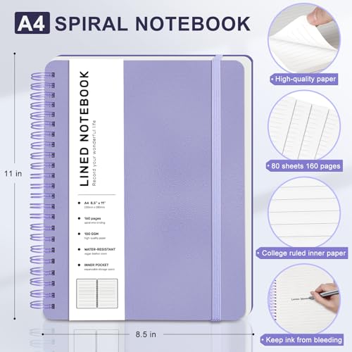 Lined Spiral Journal Notebook with 160 Pages, 8.5×11in, A4 Spiral Notebook, Journaling Notebooks for Work, School, Women, Men, College Ruled Spiral Notebook, Hardcover Leather Journals, Purple - color: Purple, size: A4