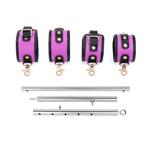 3 in 1 Heavy Duty Stainless Steel Expandable Spreader Bar with 4pcs PU Rose-Gold Adjustable Straps,Workout Bar for Home Gym Training Bar,Portable Detachable Pilates Kit - style: Silver+Purple PU Kit