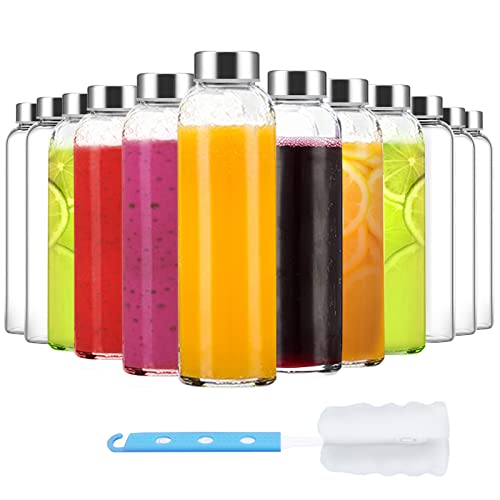 Luxfuel Clear Glass Bottles with Lids, 18oz Glass Water Bottles for Juicing | 100% Leak Proof Reusable Juice Bottle with Stainless Steel Cap for Smoothie, Milk, Refrigerator, Dishwasher Safe, Set of 12 - color: Clear Glass Bottle 12Pack, size: 18oz