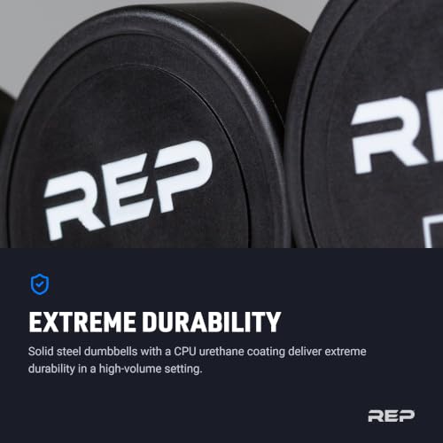 REP Fitness Urethane Coated Round Dumbbells, 5 to 100 lbs, Singles or Pairs, With or Without Rack, Steel Core, Rubber Encased, Chrome Handles, Professional Weights for Home Gym Strength Training - style: 15 lb Pair