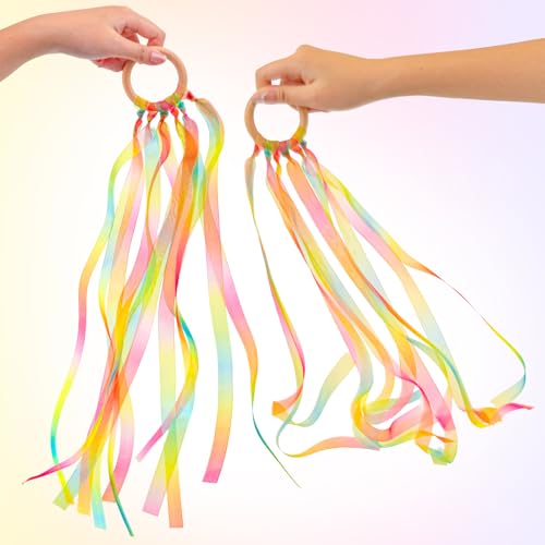 2Pcs Ribbon Hand Kites, Gymnastics Dance Ribbons,Dancing Streamer with Wood Ring for Artistic Dance, Gymnastics, Entertainment, Decoration and Party - color: Aurora Gleam
