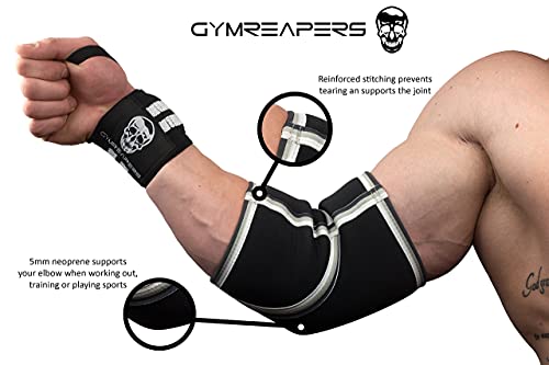 Gymreapers Elbow Sleeves for Weightlifting Powerlifting and Bench Press Support and Compression for Tendonitis Pain Relief 5mm Neoprene Training Gear for Men and Women - color: Black/White, size: Medium
