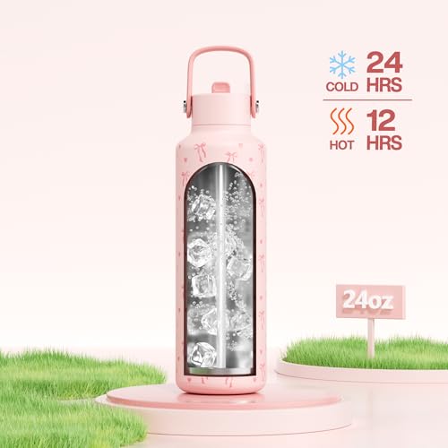 POWCAN 24 oz Insulated Water Bottle: Leakproof, Cup Holder Friendly, Cold for 24H, BPA-free, Top Handle, Double Walled Metal Water Bottle for Student, Girl, School, Camping, Daily (Sweetheart Bow) - color: Sweetheart Bow, size: 24 Ounces