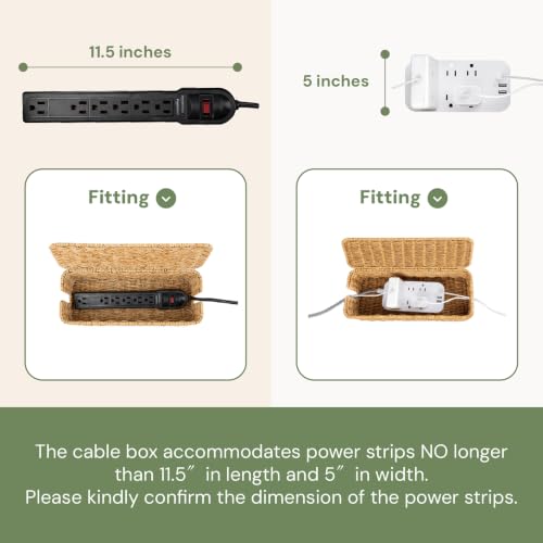 Cable Management Box, Handmade Rattan Cable Organizer with 2 Open Slots, Cord Hider for Power Strip, Router & USB Hub, Registered U.S. Design Patent (D1,112,102), 13" x 5.1" x 5.1", Natural - color: Natural, style: Rectangle
