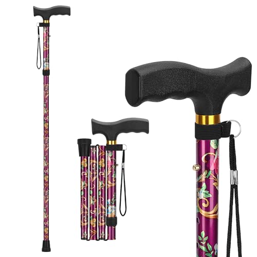 supregear Folding Cane, Lightweight 5-Level Adjustable Walking Stick with Wrist Strap and T-Handle, Portable Mobility Aid for Elderly and Disabled Men and Women - color: Floral Purple