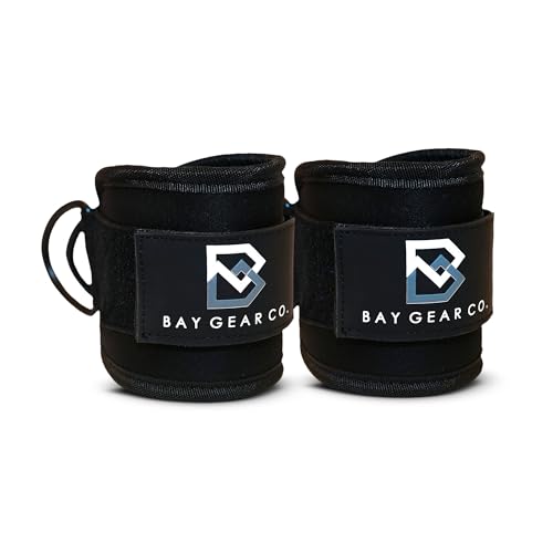 Bay Gear Co. Ankle Straps – Strong Hook and Loop System & Neoprene Padded for Cable Machine Glute Workouts, Slick Black Stainless Steel D Ring, Adjustable Fit, Different Design, Single/Pair. - color: Black, size: Pair