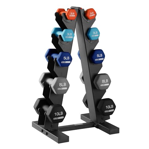 HolaHatha 1, 2 and 3 lb Neoprene Dumbbell Strength Training Weight Set with Rack - color: Blue/Red, size: 56 LB