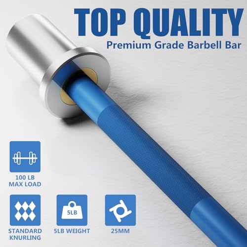EVERYMATE 5LB Mini Barbell Bar Beginner Women Kid Barbell Total Body Workout Weighted Bar,for Strength Training, for Youth Children New Weightlifting - color: Sliver Sleeves Blue Bar, size: 5LB Mini Barbell