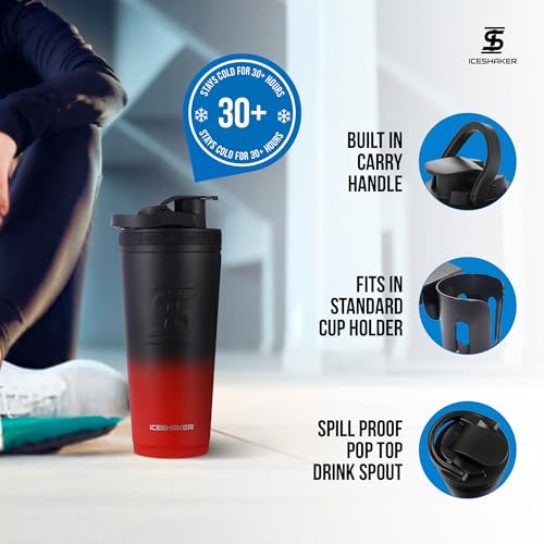 Ice Shaker Insulated Stainless Steel Shaker Bottle | 26oz, Red/black | Cold for 30+ Hours | Insulated Cup with Twist-on Agitator | Odor-Free Bottle for Protein Shakes, Water, Smoothies, Cocktails - color: RedBlack