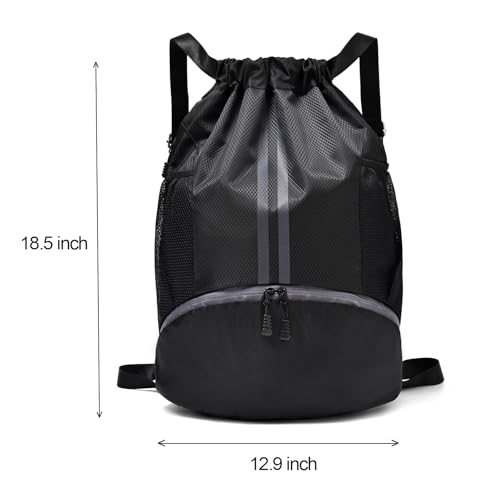 LOKAPEGY Drawstring Gym Bag for Men, Waterproof Drawstring Backpack for Women, Swim with Shoes Compartment, Pull String Sport Bag for Soccer and Basketball. (Grey) - color: Grey