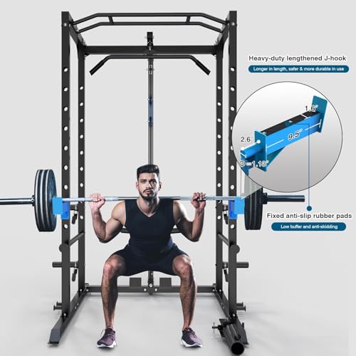 ULTRA FUEGO Power Cage, Multi-Functional Power Rack with J-Hooks, Dip Handles, Landmine Attachment and Optional Cable Pulley System for Home Gym - size: 150LB Weights Package+Flat Bench