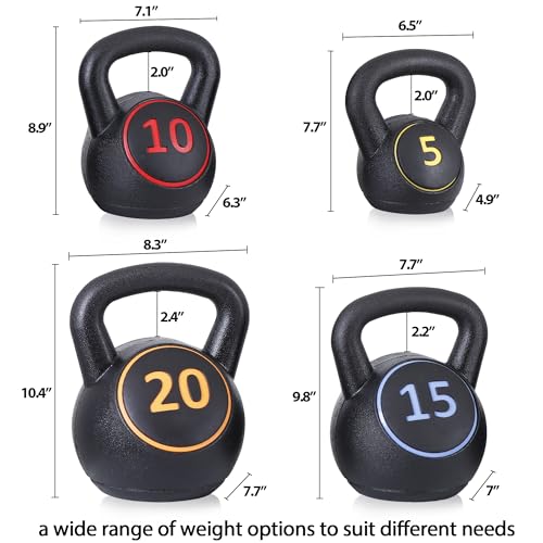 4-Piece Kettlebells Weights Set, Wide Grip Strength Training Soft Kettlebell, Exercise Fitness Concrete Weight, Full Body HIIT Workout, Weights for Women at Home 5 lbs 10 lbs 15 lbs and 20 lbs lb Dumbbells