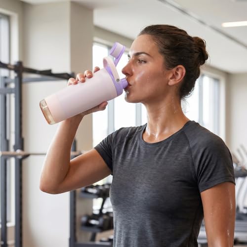 Fijinhom 24 oz Insulated Shaker Bottle with Portable Powder Container. | Leak-Proof Protein Shaker Bottle, 304 Stainless Steel Insulated Water Bottle with Removable Mixer, Measurement Marks, Pink - color: Pink