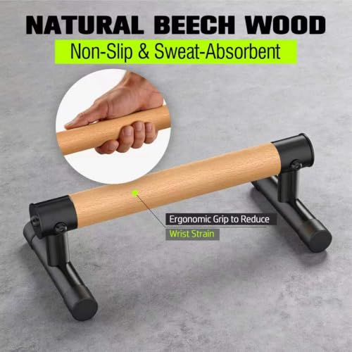 GanFindX Wooden Push Up Bars 9.5/13" 500LB Parallettes for Training | Natural Wood Grip, Black Anti-Slip Steel Base, Heavy Duty Parallettes for Push Ups, L-Sits, Gymnastics & Calisthenics Workout - size: 9.5"