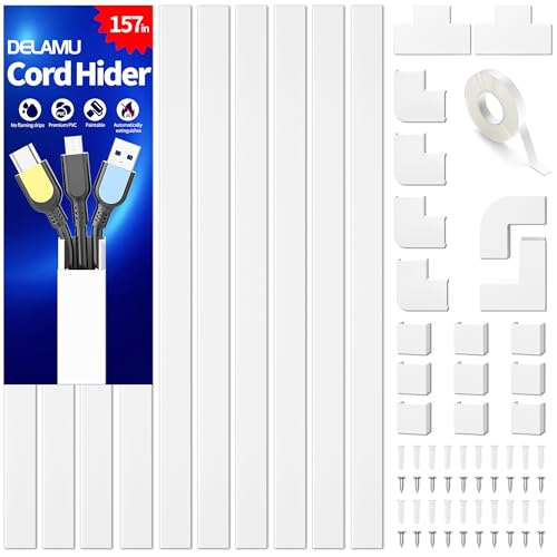 Delamu Cord Hider, 157in Wire Covers for Cords on Wall, Premium Cable Hider Cord Covers for Wires, Cable Management Wire Hiders for TV, Cable Raceway Kit, W0.95 H0.55in, White - color: White, size: 157in L x 0.95in W x 0.55in H