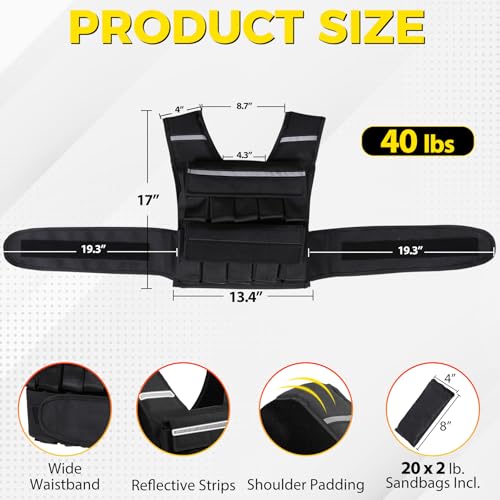 F2C Adjustable Weighted Vest 30lb / 40lb / 60lb, Removable Sandbag Weight Vest for Men Women, Running Walking Rucking, Strength & Fitness Training Vest with Reflective Strips - size: 40 lbs