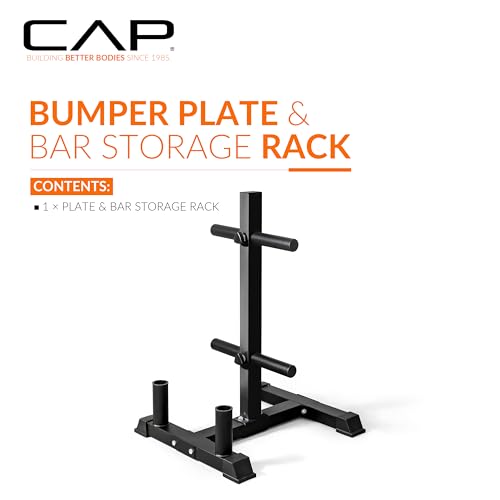 CAP Olympic Bumper Plate Tree Rack with Barbell Holders, Heavy-Duty Weight Plate Storage Rack for Home Gym, Steel Olympic Plate Organizer Stand, Multiple Color & Size Options - color: Black, size: 4-Plate Posts / 2 Bar Holders