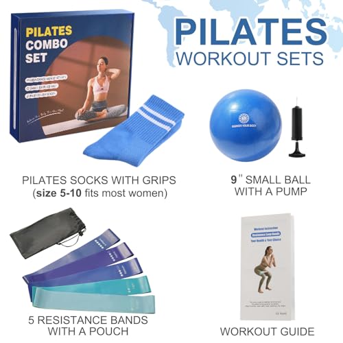 floconssy Pilates Ball Resistance Bands Grip Socks Barre Sets, Loop Exercise Bands 5 Levels, Small Yoga Ball 9 Inch, Non Slip Socks Workout Kit at Home - color: Blue