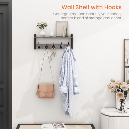 Homode Wall Hooks with Shelf, Coat Rack Wall Mount, Entryway Shelf with Hooks for Clothes, Backpack, Key, Purse - Rustic Grey - color: Rustic Grey, size: 17.1 Inch Long