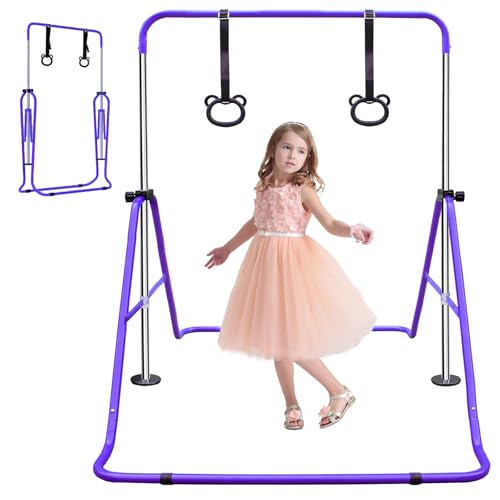 Gymnastic Bars for Kids with Attachable Rings, Height Adjustable Junior Training Horizontal Bars, Foldable Gymnastic Training Kip Bar for Home - color: Purple