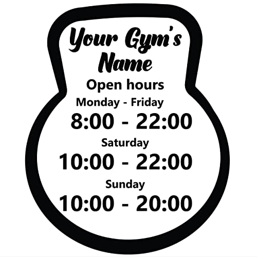 Gym Open Decal with Opening Hours in Creative Frame in Shape of Kettlebell - Business Hours Sticker for Windows Doors Walls - Custom Signs for Business Gyms Fitness - color: Dec 15
