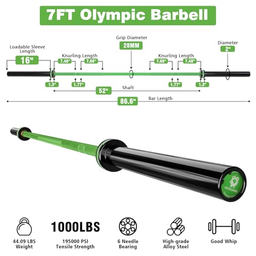 7ft Olympic Barbell 28mm 45lb – 500/700/1000LB Bar for Home Gym | Ceramic coated steel. Smooth spinning sleeves. Fits 2" plates. For snatch, clean and jerk, squats, deadlifts, bench press. - color: Green-1000LBS