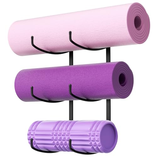 Yoga Mat Holder Wall Mount, 3-Tier Storage Rack for Yoga Mat, Foam Roller, Block, Yoga Accessories, Wall Organizer for Home Gym, Gym, Workout Room, Metal, Black - color: Black