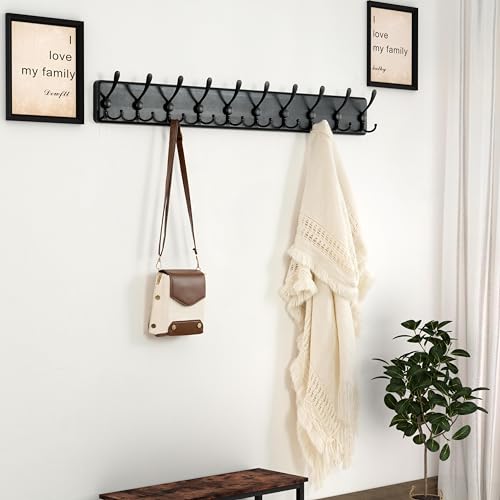 Dseap Coat Rack Wall - Heavy-Duty 38-1/4" Long, with Reinforced 10 Custom Tri-Hooks, Solid Wood Wall Hanger for Coats Hat Jackets - Rustic Farmhouse Entryway Hallway Storage, Black - color: Black, size: L=38.3"