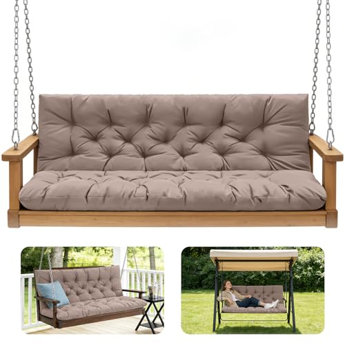 Outdoor Swing Cushions,Waterproof Swing Cushions 3 Seater Replacement with Backrest,Outdoor Thickened Bench Cushion with Ties for Porch,Patio,Backyard,Garden and Lawn (Khaki 60 * 40 in) - color: Khaki, size: 60x 40 inches