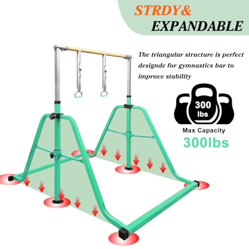 Foldable & Moveable Gymnastics Horizontal Bar with Rings,3’to 5’Adjustable Height Expandable Junior Kip Bar for Home,Indoor Gym Equipment for Kids - style: Foldable Green with Rings