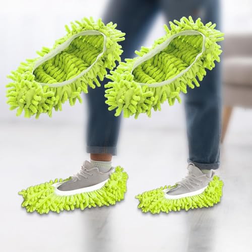 2 PCS Mop Slippers - Washable Microfiber Floor Cleaning Mop Pads, Soft Reusable House Cleaning Slippers for Home Kitchen Bedroom Floor (Green) - color: Green