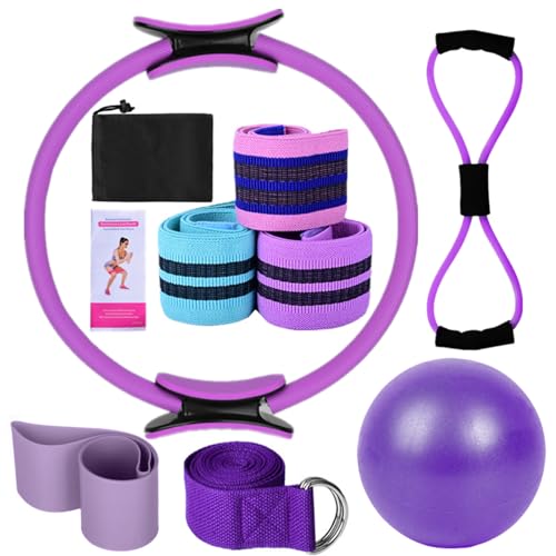 Karlak Yoga Sets for Women Pilates at Home Equipment Pilates Magic Ring Booty Bands for Working Out Glutes Yoga Ball 25cm Figure 8 Resistance Band Yoga Bands for Stretching - color: Purple