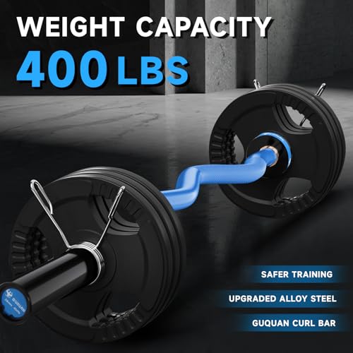 Olympic EZ Curl Barbell Bar, 400LBS Weight Capacity Olympic Curl Bar, 4ft Barbell Weight Bar with Knurled Grip for 2 Inch Weight Plates, Hip Thrusts,Squat,Biceps-Home Gym Weight Bar - color: Blue