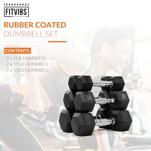 Fitvids Rubber Encased Hex Dumbbell Set Contoured Handle for Muscle Toning, Strength Building & Full Body Workout, 60LB, 100LB, 150LB and 550LB Set - style: 60LB Set (5/10/15LB Pairs)