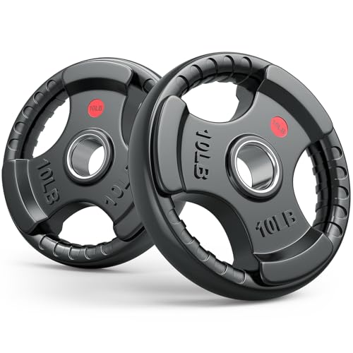 Gikpal Olympic Weight Plates, 2-Inch Three-Grip Rubber Coated Barbell Plates with Steel Hub, Cast Iron Weights for Strength Training & Home Gym, Pair or Sets (2.5–45LB) - style: 2 X 10LBS
