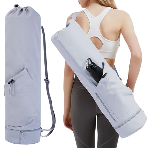sportsnew Yoga Mat Bag with Water Bottle Pocket & Wet Pocket for Women | Yoga mat carrier fits 1/8"-3/8" yoga mats, quick-access multi-pocket organization, lightweight for gym, Pilates & studio - color: Blue, size: Medium