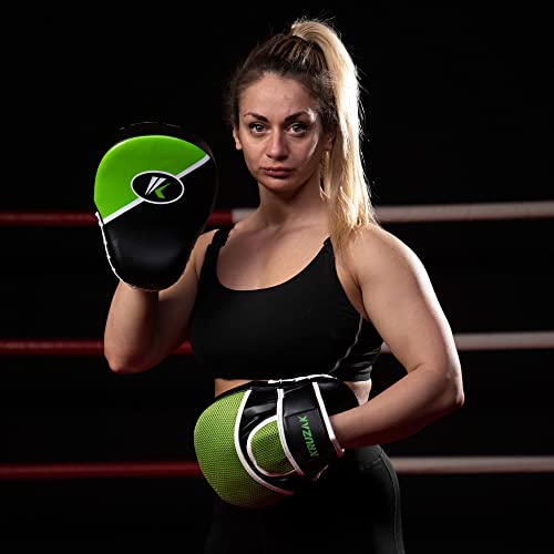 Kruzak Premium Boxing Gloves and Focus Mitts Set for Kickboxing and Muay Thai MMA Training| Focus Pads and Training Gloves | Fitness Kit for Martial Arts & Karate | 08, 10, 12, 14, 16 oz Gloves - color: Black and Green, size: 10 oz