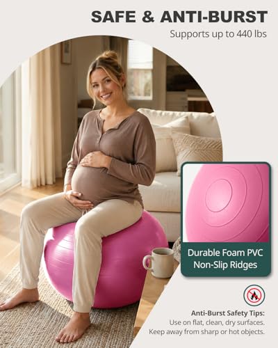 Trideer Yoga Ball for Exercise, Pilates, Core & Balance Training, Stability Ball for Pregnancy & Birthing Prep, Physical Therapy, Daily Stretching, Office Chair for Active Sitting, Quick Pump Included - color: Pink, size: L(23-26ines/58-65cm)