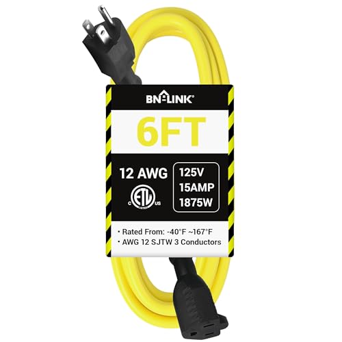 BN-LINK 6ft Outdoor Extension Cord, 12/3 SJTW Heavy Duty Power Cord, 3-Prong Grounded Plug, Weather Resistant, 15A, 1875W, Yellow, for Lawn, Garden, Appliances, ETL Listed - color: Yellow, size: 6FT