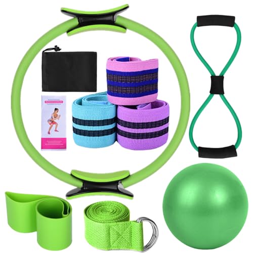 Karlak Yoga Sets for Women Pilates at Home Equipment Pilates Magic Ring Booty Bands for Working Out Glutes Yoga Ball 25cm Figure 8 Resistance Band Yoga Bands for Stretching - color: Green