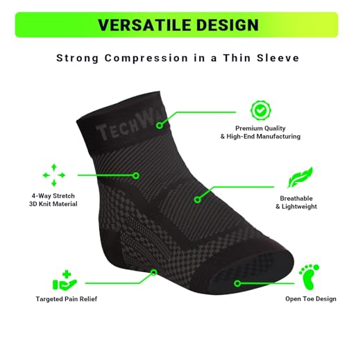 TechWare Pro Ankle Brace Compression Sleeve - Plantar Fasciitis Sock. Relieves Achilles Tendonitis. Foot Arch Support Reduces Joint Pain, Swelling & Heel Spur Pain. Injury Recovery Braces for Sports - color: Black/Black, size: L / XL (see size chart)