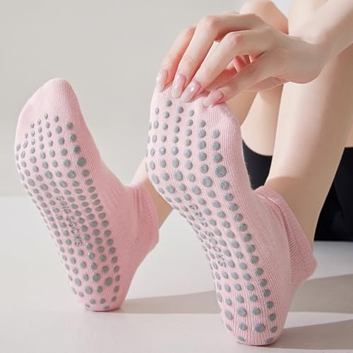 5 Pairs Pilates Socks with Grips for Women Non Slip Grip Yoga Crew Socks for Barre Hospital Barefoot - color: B - 2 Purple 2 Pink 1 Green