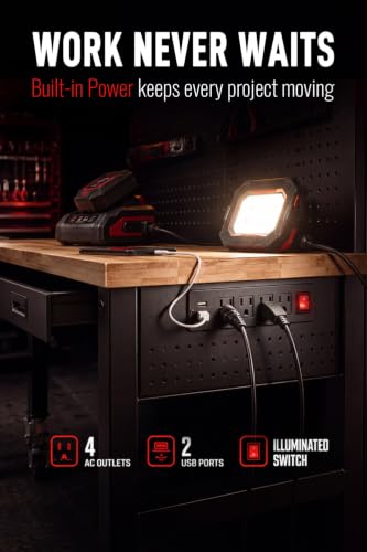 48" Heavy Duty Workbench with Storage, Adjustable Height Garage Workbench 29.9"–39.6", 1.2" Solid Wood Top Work Table, Reinforced Steel Frame, Workshop Table with Power Strip & Pegboard Option - size: 48"丨Integrated Storage