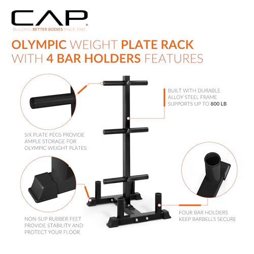 CAP Olympic Bumper Plate Tree Rack with Barbell Holders, Heavy-Duty Weight Plate Storage Rack for Home Gym, Steel Olympic Plate Organizer Stand, Multiple Color & Size Options - color: Black, size: 6-Plate Posts / 4 Bar Holders