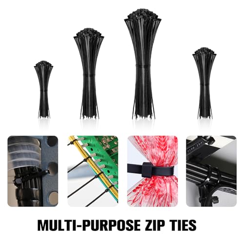 Zip Ties Assorted Sizes(4”+6”+8”+12”), 2000 Pack,Black Cable Ties,Multi-Purpose Self-Locking Nylon Cable Cord Management,Plastic Wire Ties for indoor and outdoor use. - color: Black, size: 4+6+8+12-Inch(2000PCS Set)