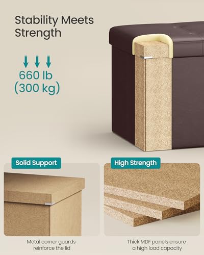 SONGMICS MAZIE Collection - 30 Inches Folding Storage Ottoman Bench, Ottoman with Storage, Foot Rest Stool, Load 660 lb, for Living Room, Synthetic Leather, Brown ULSF40Z - color: Brown, size: 15"D x 30"W x 15"H