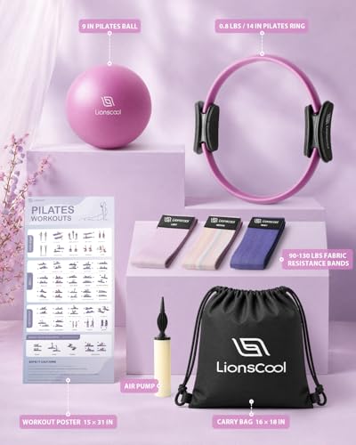 LIONSCOOL Pilates Ring Set - 14" Anti-Deformation Magic Circle with Padded Handles, 9" Mini Ball, Non-Slip Fabric Resistance Bands, Guide & Bag - color: Purple
