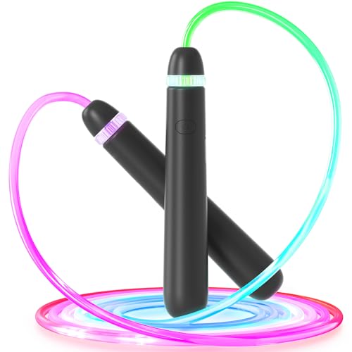 LED Jump Rope for Kids, Glow in The Dark Fun Fitness Gift | Rechargeable, 180-day battery, 9.2ft for ages 6+, colorful LED modes, birthday gift, outdoor fun - color: Black